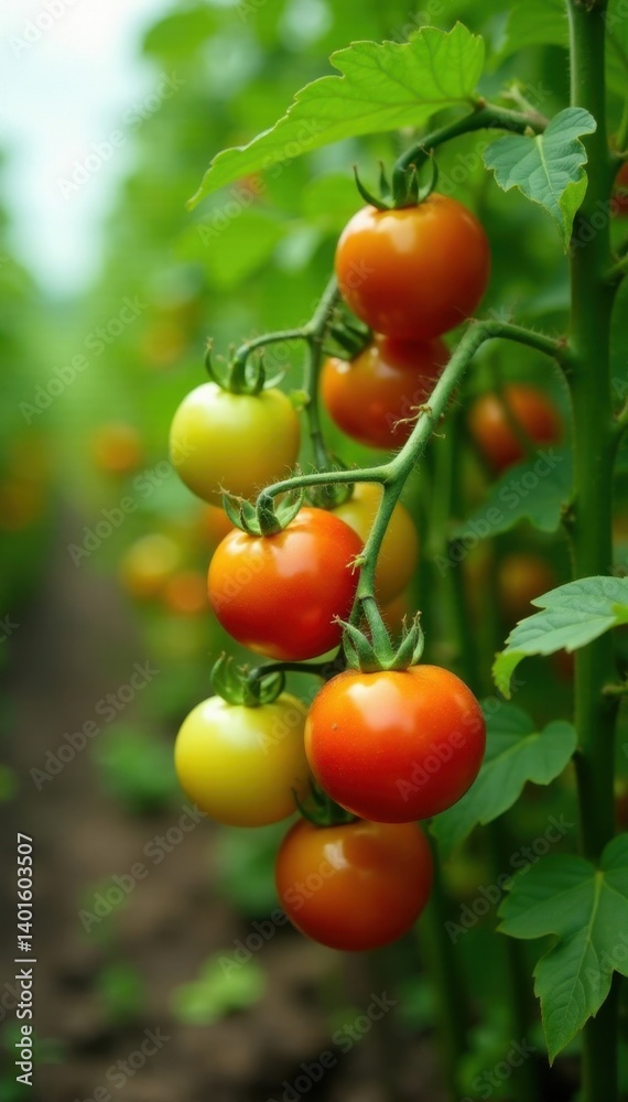 Mature tomato plants laden with ripening fruit, outdoor, organic Mature tomato plants laden with ripening fruit, outdoor, organic