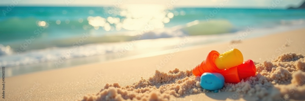 Sun-kissed sand, ocean waves, colorful beach toys, hat, towel, summer Sun-kissed sand, ocean waves, colorful beach toys, hat, towel, summer