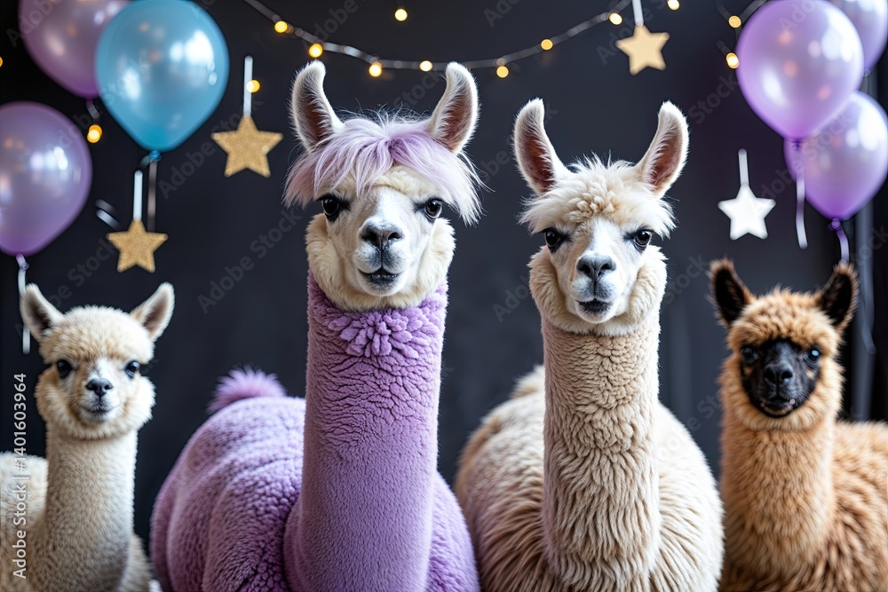 Fototapeta premium Joyful Lavender Llama and Alpaca Birthday Party with Sparkling Stars and Celebration Elements