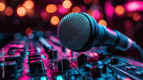 Neon Lights Concert Microphone on Mixer