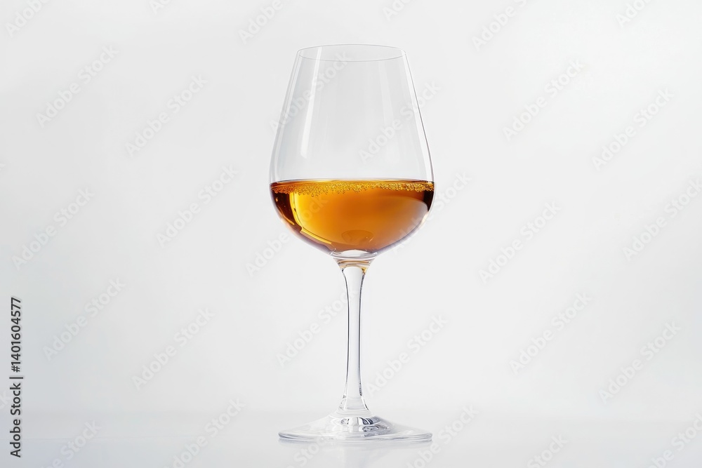 Serving of Amber Wine in Clear Crystal Glass on White Background Serving of Amber Wine in Clear Crystal Glass on White Background