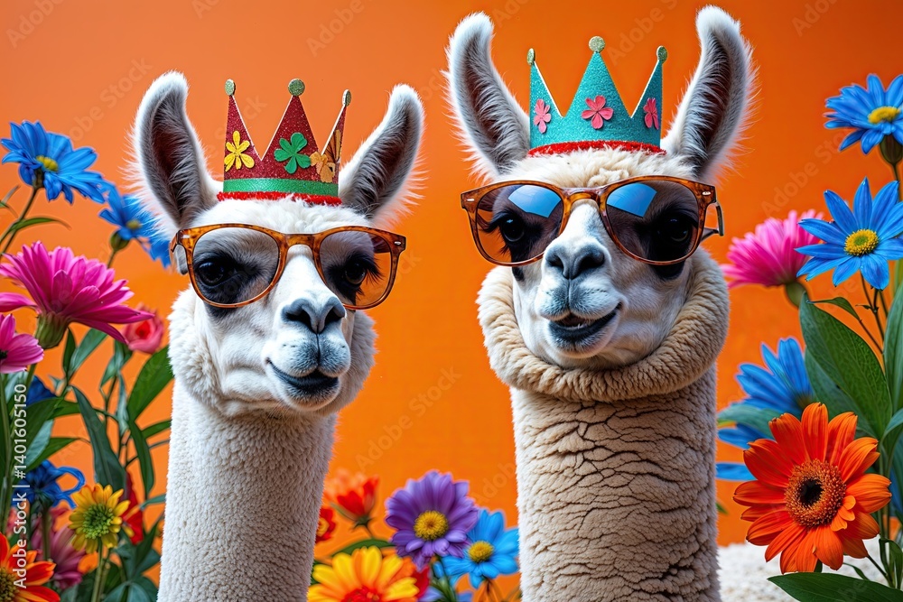 Fototapeta premium Joyful Llama and Alpaca Wearing Festive Crown and Sunglasses Surrounded by Vibrant Flowers on Bright Orange Background