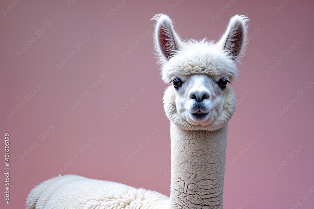 Naklejka premium Adorable White Alpaca Wearing Purple Heart Shades on Soft Pastel Pink Background