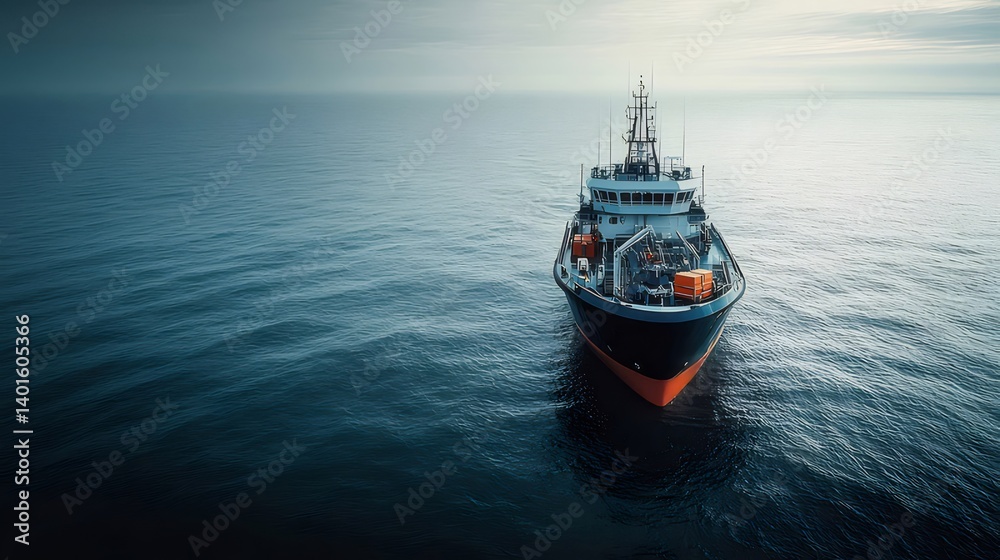 貨物輸送船が青い海原を航海する様子 荒天の空と海の風景 広角アングル 航海輸送のコンセプト 貨物輸送船が青い海原を航海する様子 荒天の空と海の風景 広角アングル 航海輸送のコンセプト