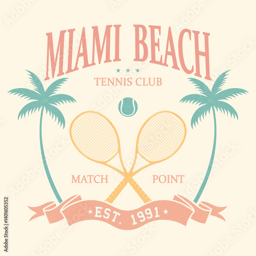 Miami Beach Tennis club Graphics print design. Racket tournament. Tennis college league. College font.