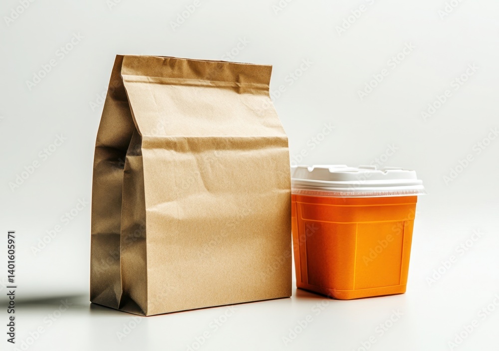 A brown paper bag and an orange plastic food container sit side-by-side on a white surface, suggesting a takeout meal