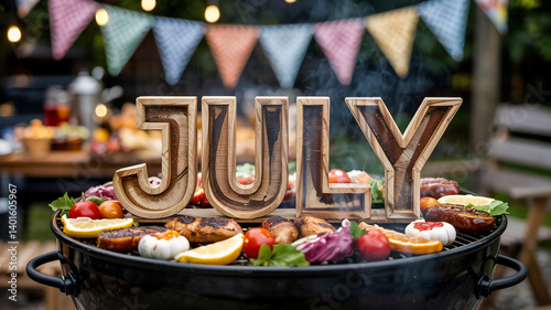 Close-up of a summer barbecue with a wooden 'July' sign and delicious grilled food.