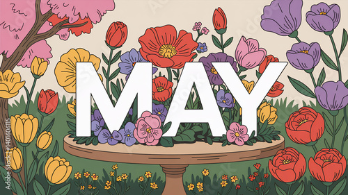 An artful arrangement of colorful flowers surrounds the word 