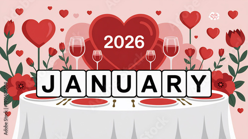 A romantic scene for January 2026, with a dinner table, red hearts, flowers, and wine glasses.