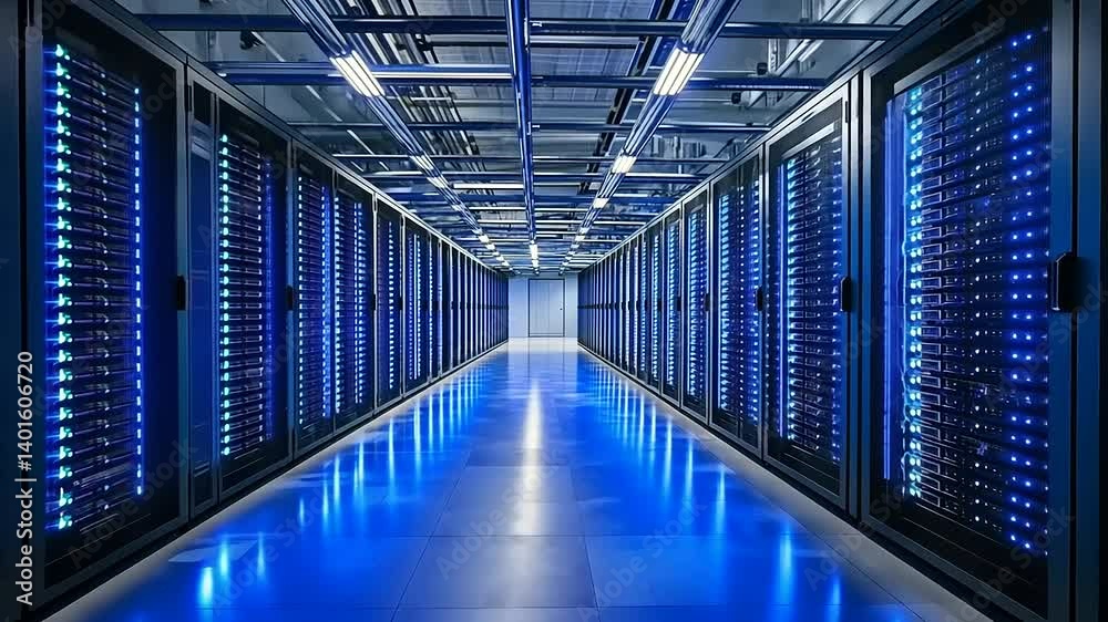 A long hall with servers glow with cool blue lights reflecting off the shiny floor and ceiling A long hall with servers glow with cool blue lights reflecting off the shiny floor and ceiling
