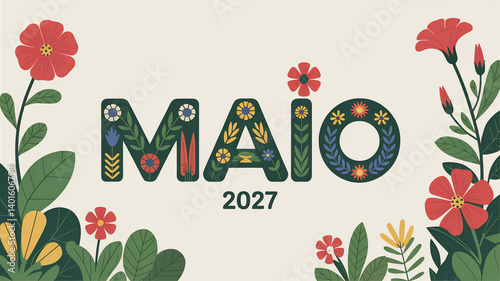 A beautiful illustrated design features 'Maio' in flowers, perfect for a spring-themed celebration.