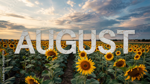 Vibrant sunflower field under an August sunset sky, creating a warm and inviting scenery.