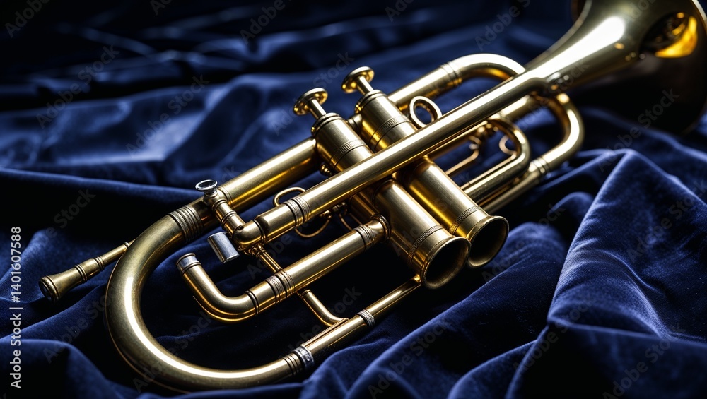 Obraz premium A beautiful golden trumpet rests on luxurious blue velvet, evoking a sense of music.