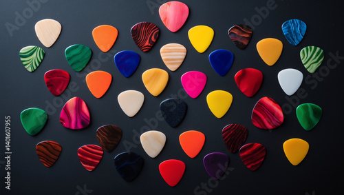 An artistic collection of vibrant and colorful guitar picks in various styles.