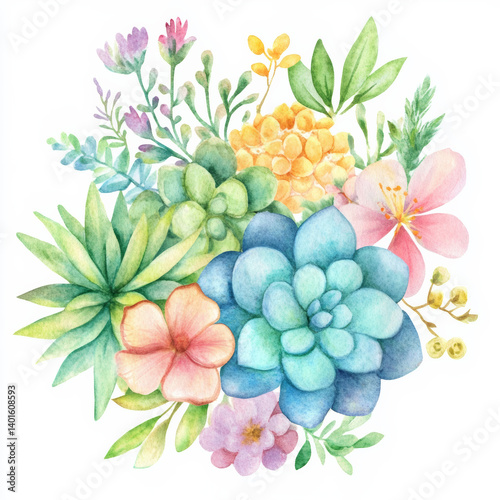 Watercolor succulent and floral composition – pastel cactus arrangement with soft blooms, ideal for botanical prints, garden designs, modern nature decor, invitations, and eco-friendly branding