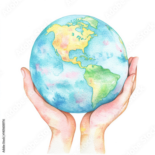 Watercolor illustration of Earth held in human hands – Save the Planet themed design, perfect for Earth Day, eco projects, environmental awareness, sustainability, and nature protection content