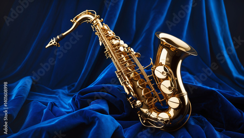 A lustrous golden saxophone rests gracefully on a bed of deep blue velvet fabric.
