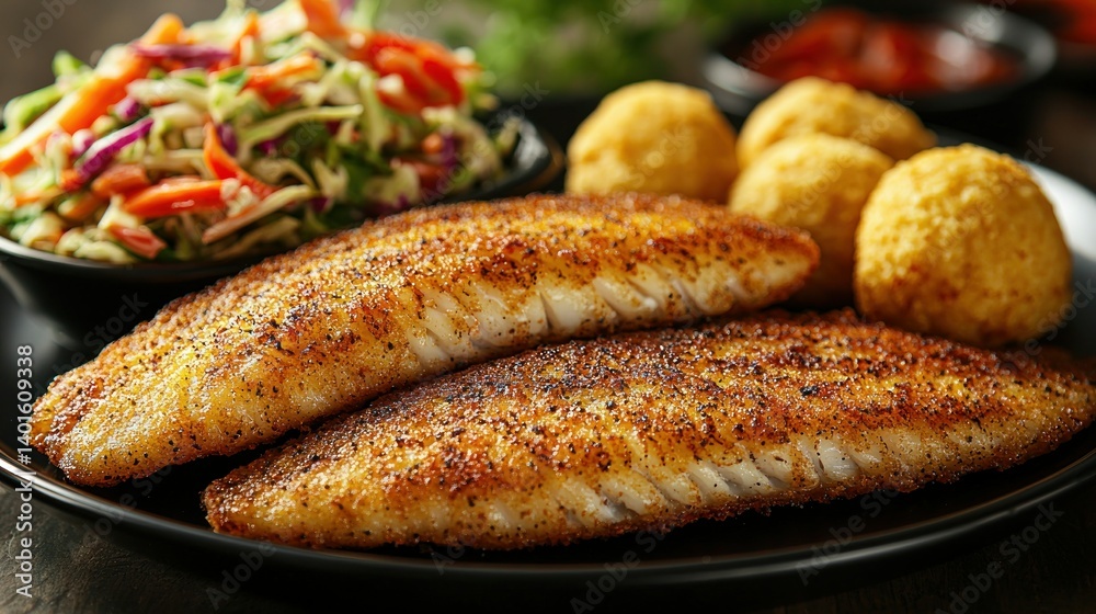 Fried fish fillets with slaw and mashed potato balls on dark dishware Fried fish fillets with slaw and mashed potato balls on dark dishware