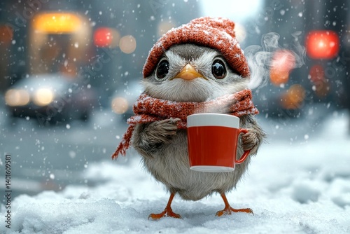 Witty animals. Happy cute baby animal sparrow in winter warm clothes, holding warm drink with rising steam in paws. Zoo pet well-being. Wild animal welfare. Warm animal campaign. Wild life ad.
