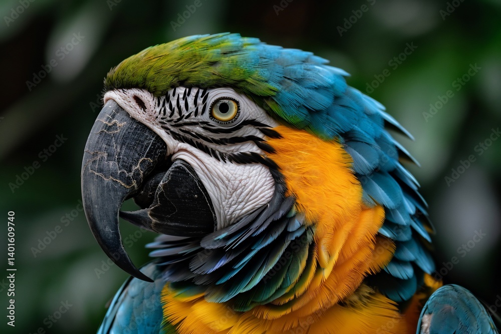 Close-up of a vibrant parrot's head, showcasing a mix of blue, yellow, and green plumage. Detailed view of beak, eye, and feathers Close-up of a vibrant parrot's head, showcasing a mix of blue, yellow, and green plumage. Detailed view of beak, eye, and feathers