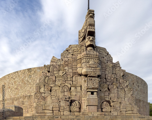 monument to the fatherland (patria statue) on paseo de montejo avenue in merida yucatan, mexico (famous landmark dedicate to mexican history) maya mayan iconography icon symbol symbolic representation