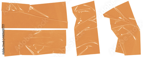 Four Torn Brown Packing Tape Strips Used for Packaging Mockups and Design Overlays Isolated on a Transparent Background