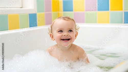 Cute Toddlers concept A joyful baby enjoying a bubble bath in a colorful bathroom setting.