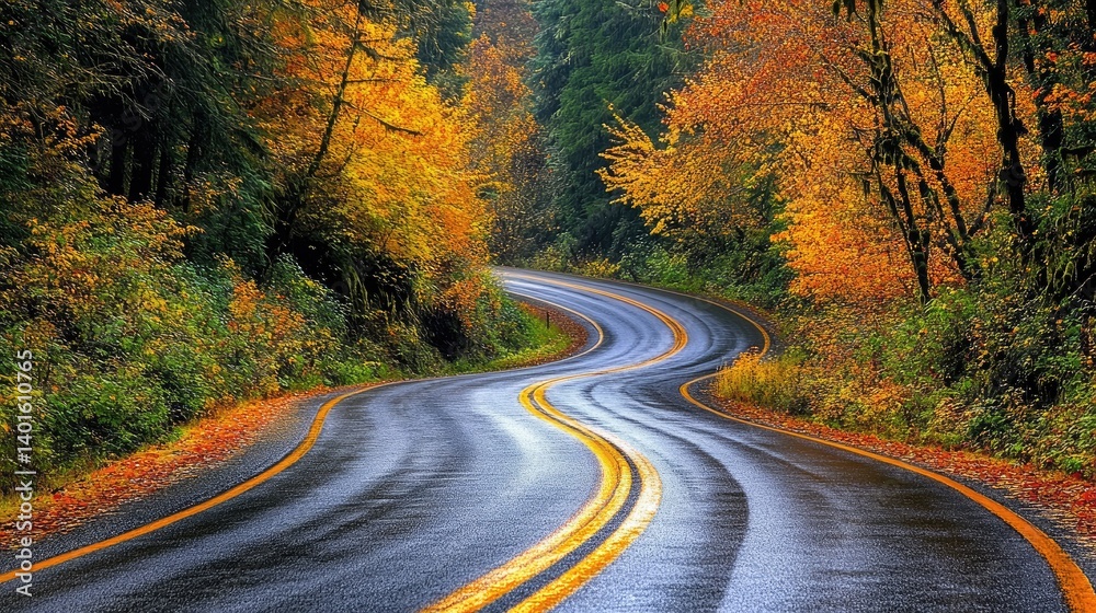 A road winding through a dense forest with vibrant autumn foliage, ideal for scenic road tourism A road winding through a dense forest with vibrant autumn foliage, ideal for scenic road tourism