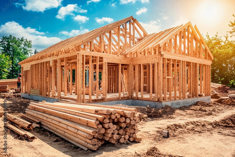 A wooden house is taking shape with its frame visible, surrounded by piles of logs. Workers actively engage in constructing the structure, showcasing a bright and productive day A wooden house is taking shape with its frame visible, surrounded by piles of logs. Workers actively engage in constructing the structure, showcasing a bright and productive day