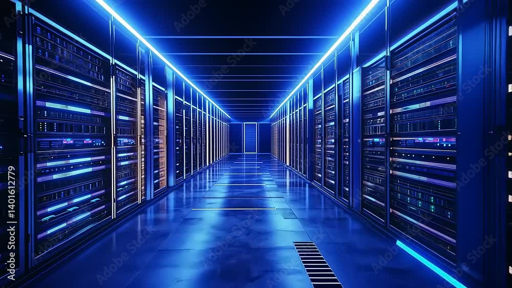 A symmetrical, blue-lit corridor filled with computer server racks in a data center room A symmetrical, blue-lit corridor filled with computer server racks in a data center room