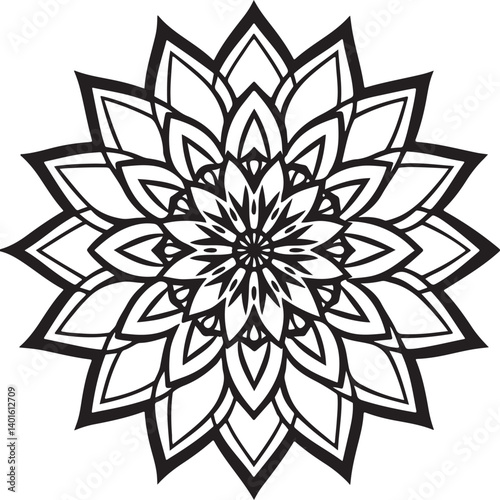 Black and white floral mandala with abstract lotus and decorative elements