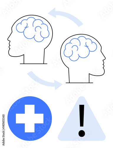 Two brains connected by arrows represent idea sharing, supported by medical cross and alert triangle. Ideal for mental health awareness, teamwork, communication, medical care, awareness campaigns