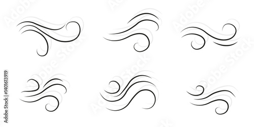 Set of black motion lines. Collection of modern abstract wind symbols. Air flow. Set of black arrows showing direction of air movement. Wind direction arrows.