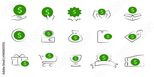 Money and Finance Icon Set. Finance withdraw. Deposit cards. Bank exchange. Dollar currency. Financial savings or investment. Credit at ATM. Payment wallet.