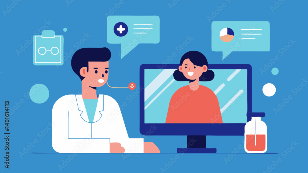 Obraz premium Telemedicine Consultation A doctor consulting a patient through a screen with a digital representation of the patients body showing live health metrics and treatment simulations.