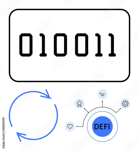 Binary code, circular arrows symbolizing process flow, decentralized finance hub with icons for smart transactions. Ideal for fintech, blockchain, digital economy, data flow, automation