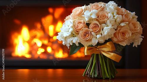 Romantic rose bouquet near fireplace (1)