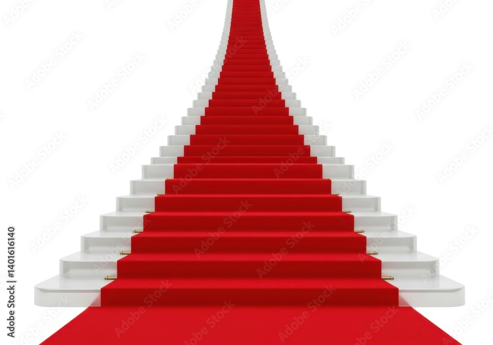Red carpet on staircase leading up to a bright destination isolated on white background Red carpet on staircase leading up to a bright destination isolated on white background