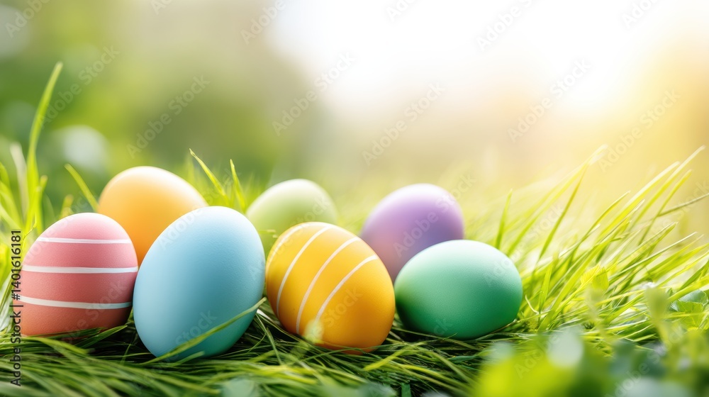 Colorful Easter eggs resting on vibrant green grass, bathed in soft sunlight, creating a cheerful springtime atmosphere. Colorful Easter eggs resting on vibrant green grass, bathed in soft sunlight, creating a cheerful springtime atmosphere.