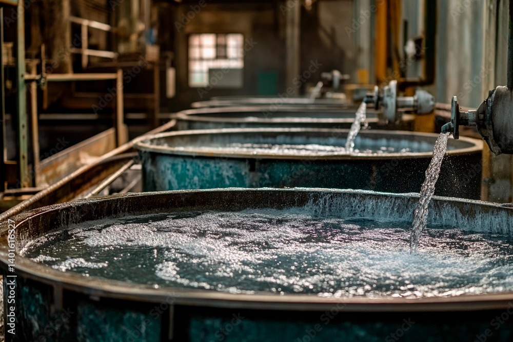 Large metallic tanks filled with bubbling water are positioned in a factory setting, with water flowing continuously. Bright lighting illuminates the area, creating a dynamic atmosphere Large metallic tanks filled with bubbling water are positioned in a factory setting, with water flowing continuously. Bright lighting illuminates the area, creating a dynamic atmosphere