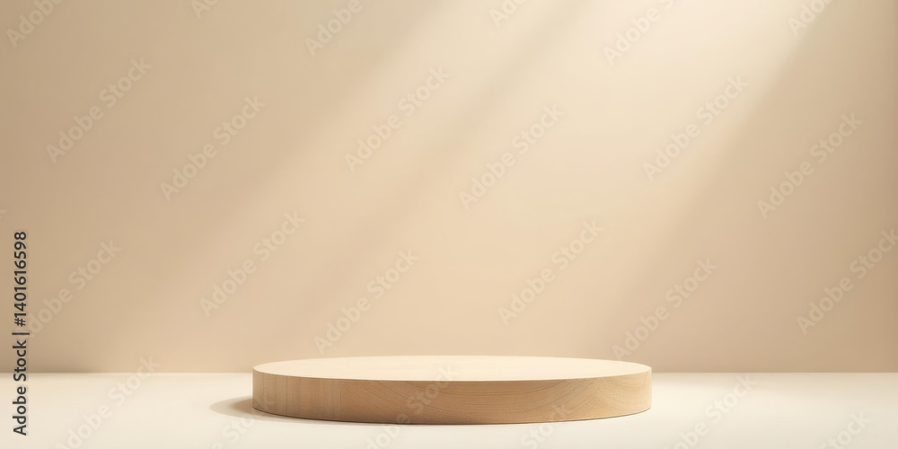 Minimalist Wooden Display Platform Against Soft Beige Background, Ideal for Product Showcases or Branding Presentations Minimalist Wooden Display Platform Against Soft Beige Background, Ideal for Product Showcases or Branding Presentations