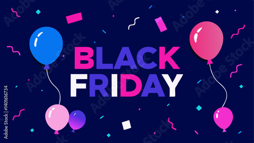 Party Atmosphere BLACK FRIDAY in neon pink and white with balloon graphics and festive animated confetti against a dark blue background.