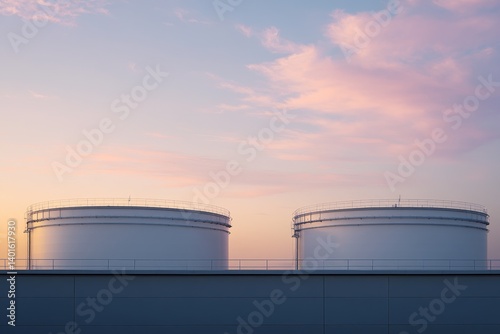 Evening view of oil regeneration facility with storage tanks and exhaust stacks under colorful sky