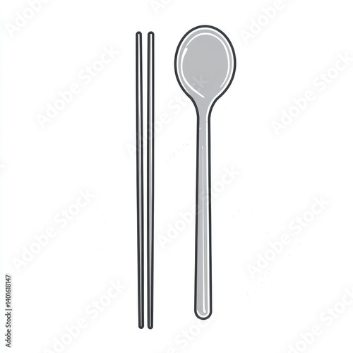 Simple illustration of chopsticks and spoon.  A pair of chopsticks and a spoon are depicted in a simple, monochrome style, suitable for a variety of purposes, like food illustration or design elements