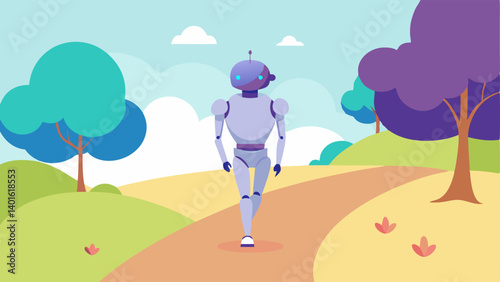 Park Setting A sleek humanoid robot with shiny metallic surfaces is walking along a winding path in a vibrant park. Its shoulder is adorned with a small colorful bird perfectly