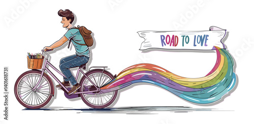 Man Cycling with a Rainbow Trail and "ROAD TO LOVE" Banner