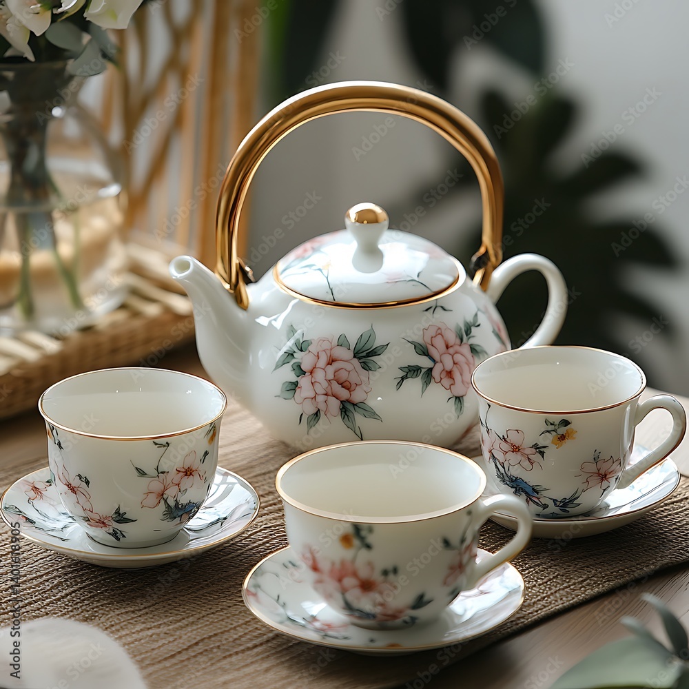 Elegant Tea Set with Floral Porcelain Cups and Tea Elegant Tea Set with Floral Porcelain Cups and Tea