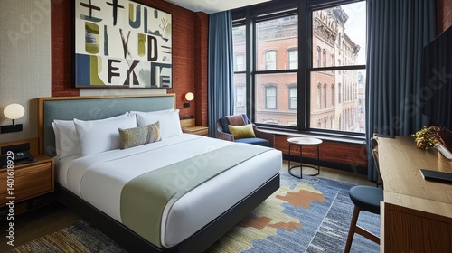 Scandinavian-style hotel room with light wood furniture, simple design, and soft textures