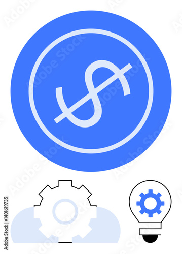 Blue dollar sign with no-entry symbol suggesting cost management, over cogwheel and lightbulb with gear. Ideal for cost-cutting, innovation, problem-solving, automation, process optimization