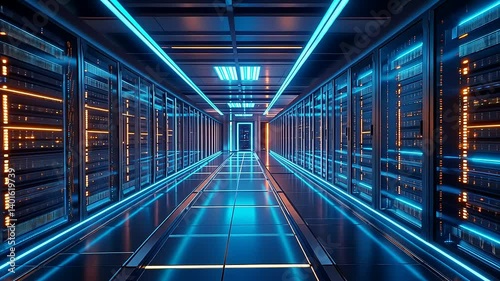 Glowing server room corridor, with bright neon lights and futuristic ambiance